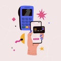 Human hand with phone near POS terminal. Payment by card via mobile. Electronic transfer money concept Royalty Free Stock Photo